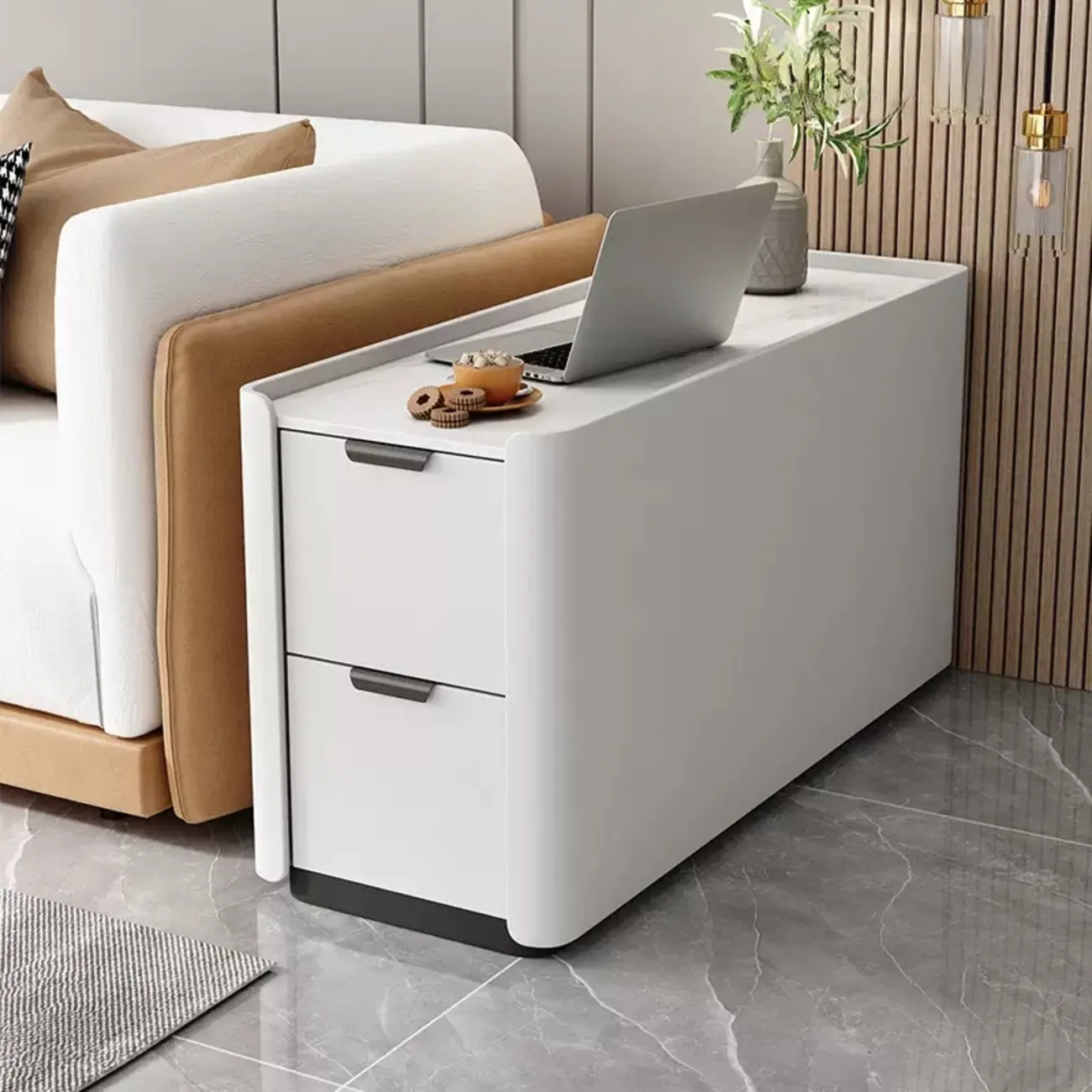 Compact Khaki Stone Top 2-Drawer Wood Block Side Table