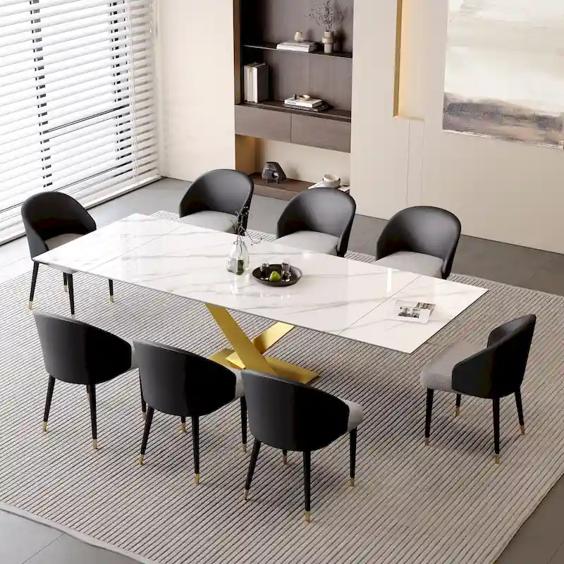 9 - Piece 94.48  Rectangular Extendable Sintered Stone Dining Table with 8 Faux leather Chairs Dining Set