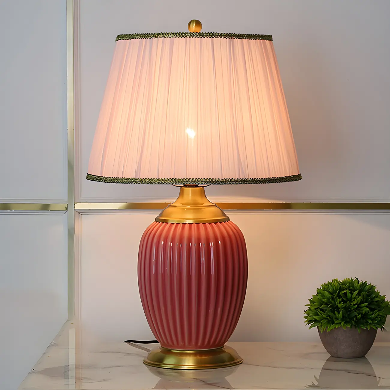 Plug-In Elegant Ceramic LED Table Lamp with Fabric Shade