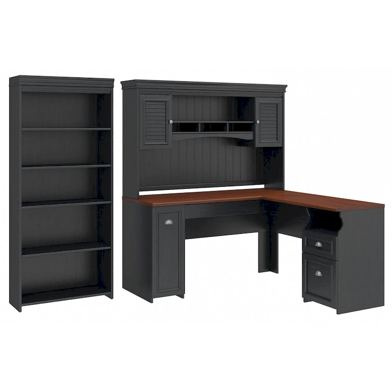Fairview 60W L Shaped Desk with Hutch and Bookcase by Bush Furniture
