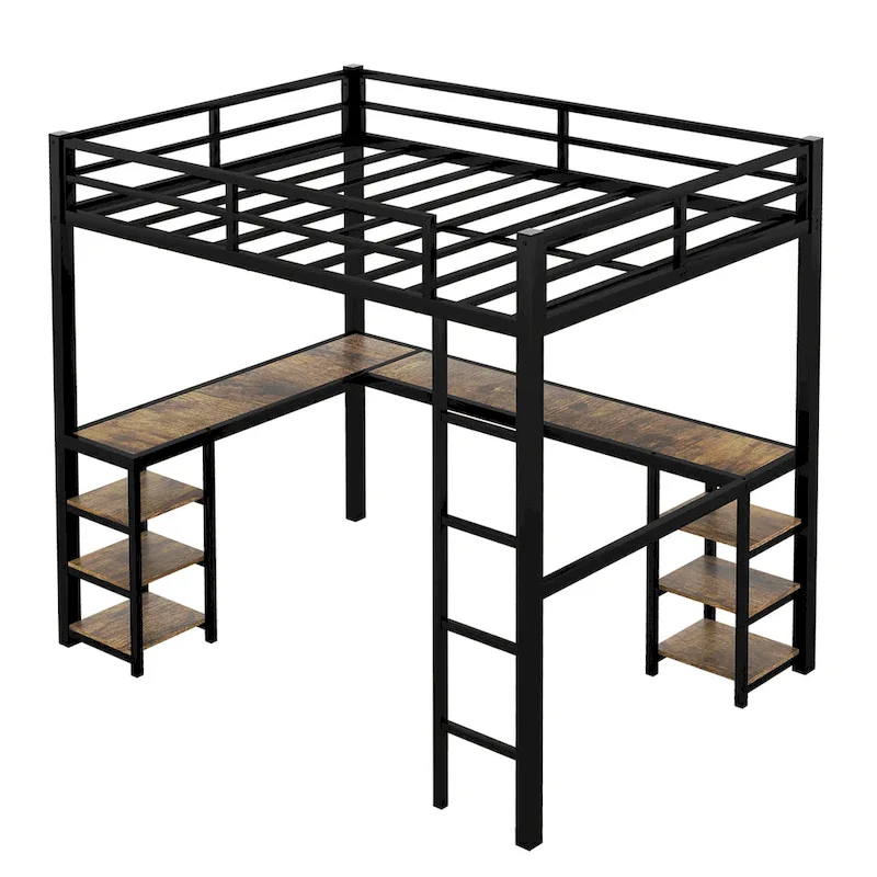 Full XL Metal Loft Bed with Desk and Shelves