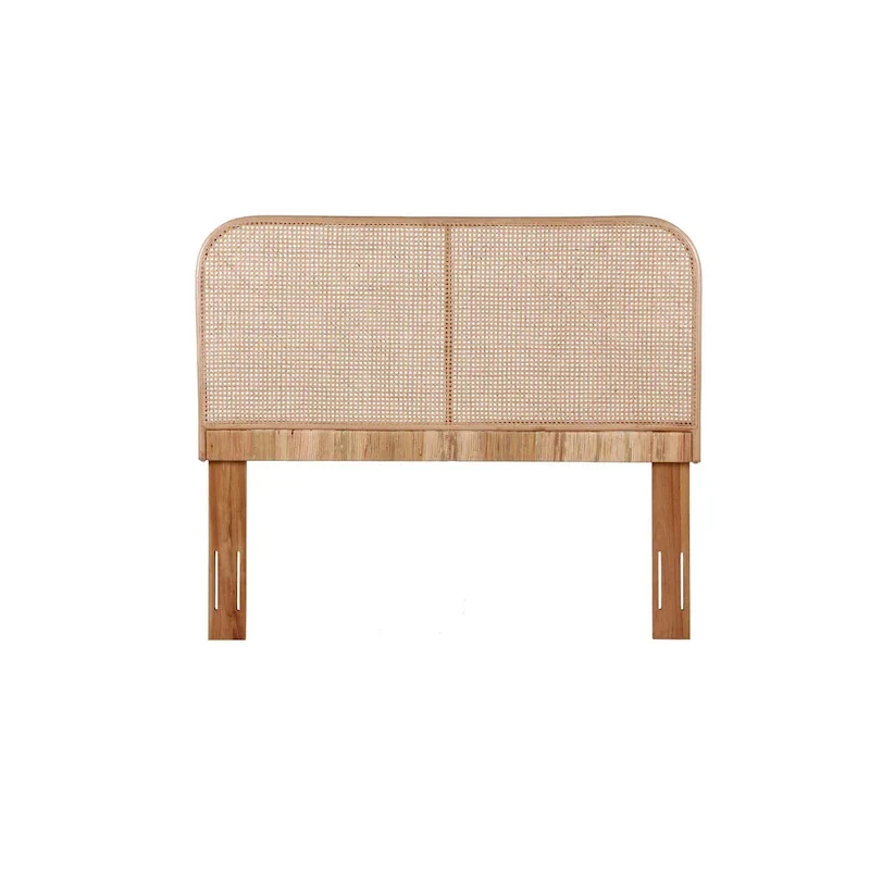 Natural Cane & Teak Wood Headboard with Curved Corners – Contemporary Style, Queen / King