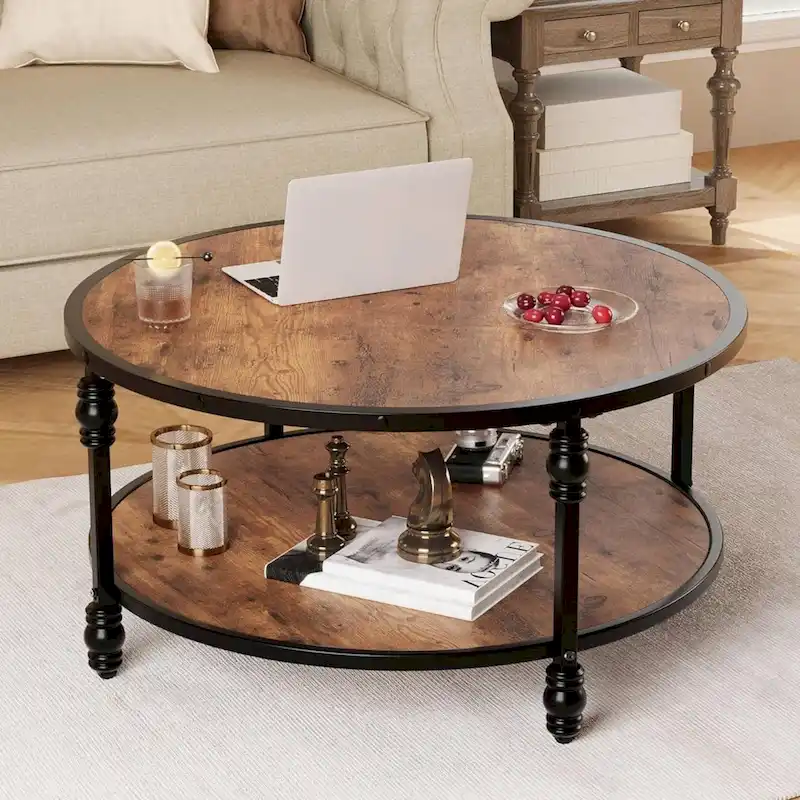 Round Coffee Table with Storage Shelves