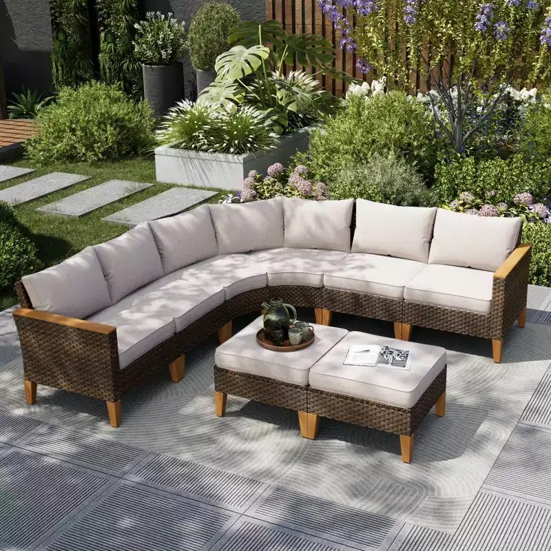 Captiva Designs 8pc Outdoor Wicker Rattan Patio Half-Moon Curved Sectional Sofa Set with Cushioned Ottoman