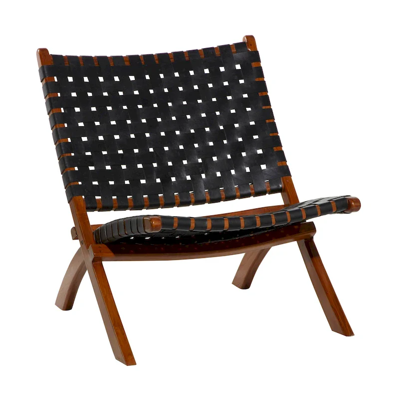 Leather Woven Folding Chair with Brown Wood Frame - Black or Brown
