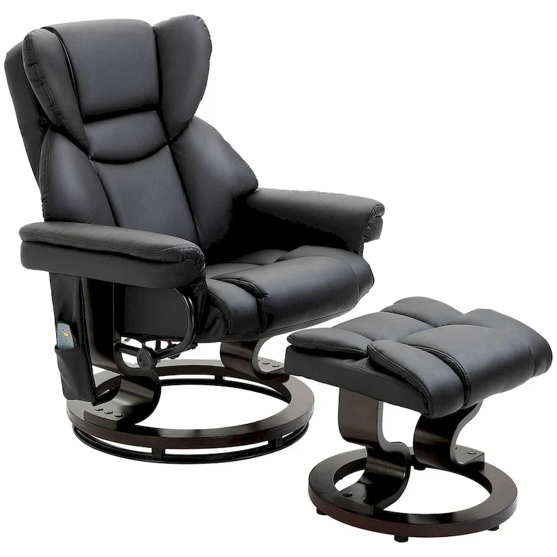 Black Faux Leather 360 Swivel Manual Recliner Set with Ottoman, 10 Vibration Massage Points, Side Pocket