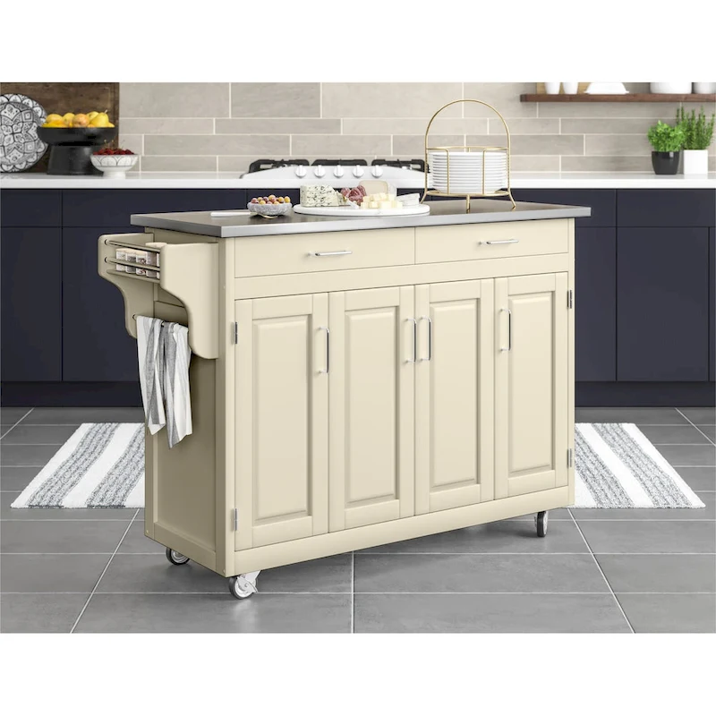 Puff Island White Finish with Stainless Steel Top Kitchen Cart