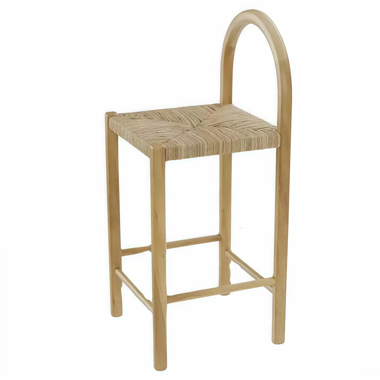 Rustic Wood Natural Rattan Bar Stool with Footrest