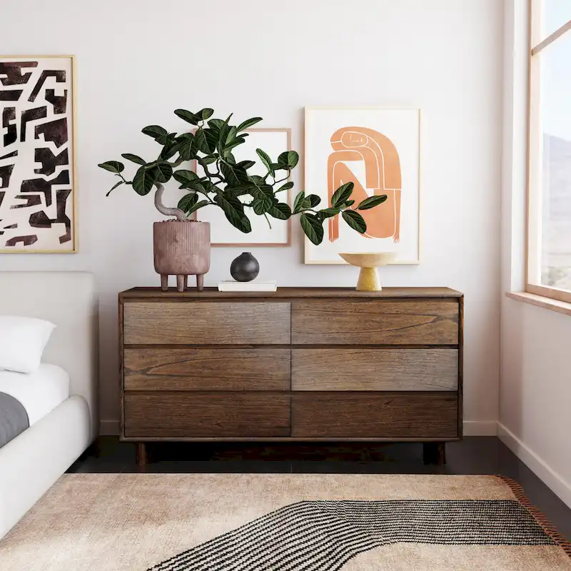 Washed Black / Walnut Brown / Blonde Oak Scandinavian 6-Drawer Wood Panel Dresser with Ball-Bearing Glides, 62 Inch