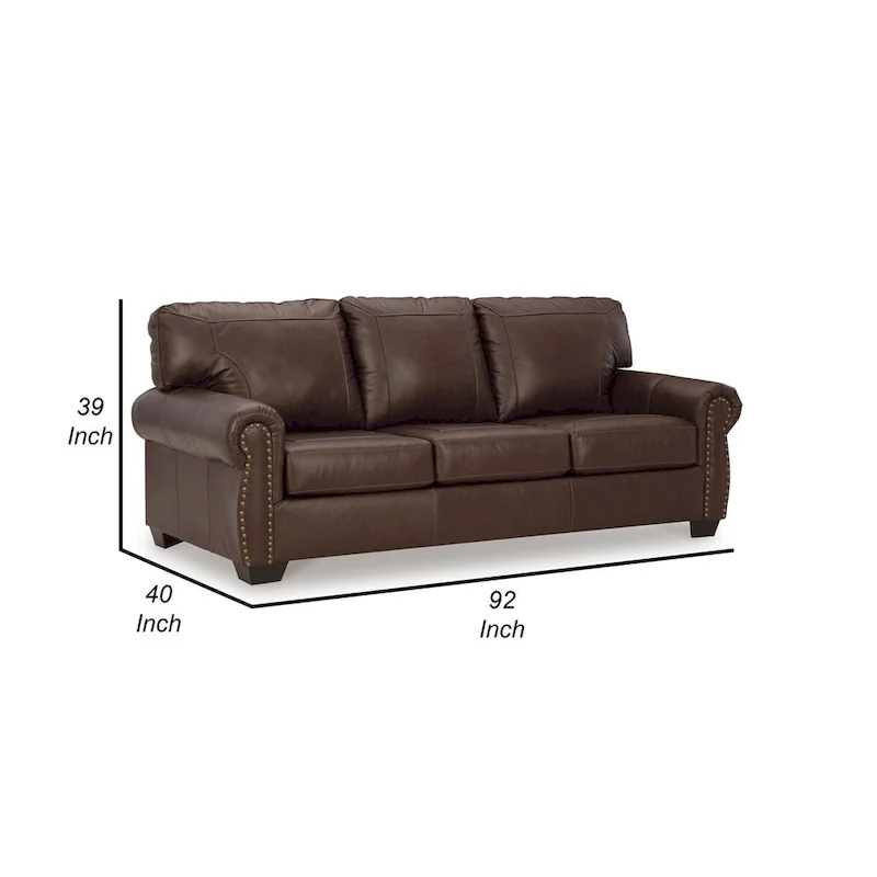 92 Inch Sofa, Nailhead Trim, Cushion Seating, Brown Leather Upholstery