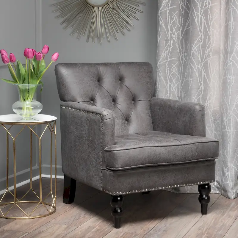Button Tufted Club Chair with Nailhead Trim – Slate, 28