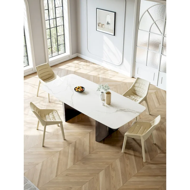 White Sintered Stone Rectangular Dining Table with Black Double Pedestal Base – 6-Person