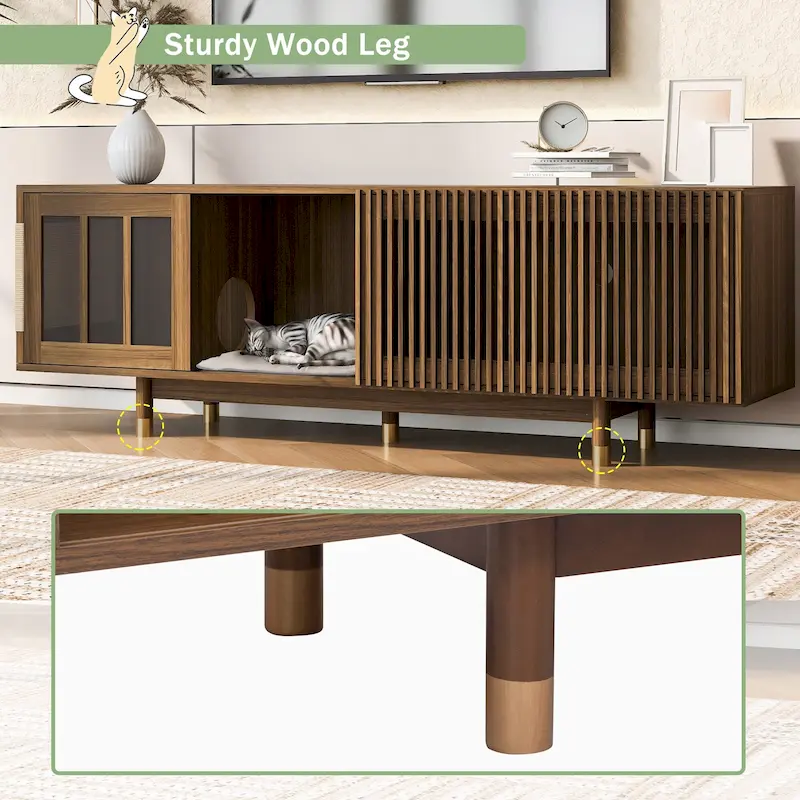 Modern TV Stand with Cat House, Pet-Friendly Entertainment Center with Sliding Glass Door, Flip-Down Media Console
