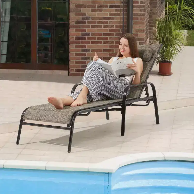 Erommy Patio Chaise Lounges, Set of 2 Outdoor Lounge Chairs with Adjustable Backrest, Textiline Recliner Chairs with Steel Frame and Ergonomic Armrest