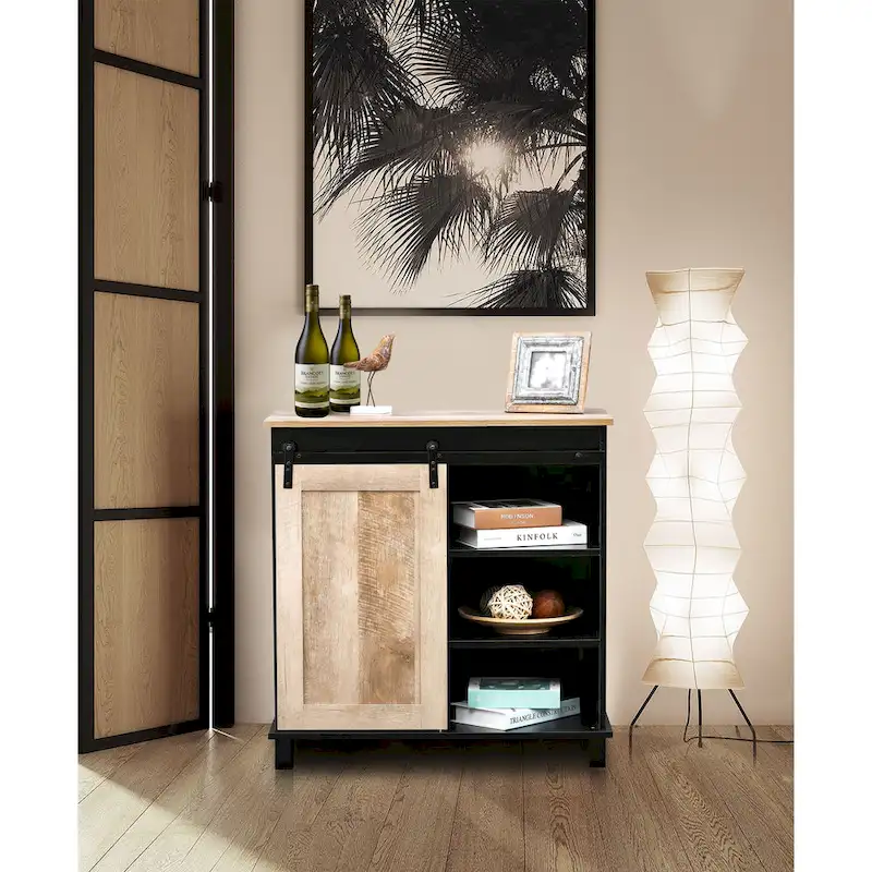 Black and Oak Engineered Wood Storage Wine Cabinet - 32.5 H x 31.5 W x 15.75 D