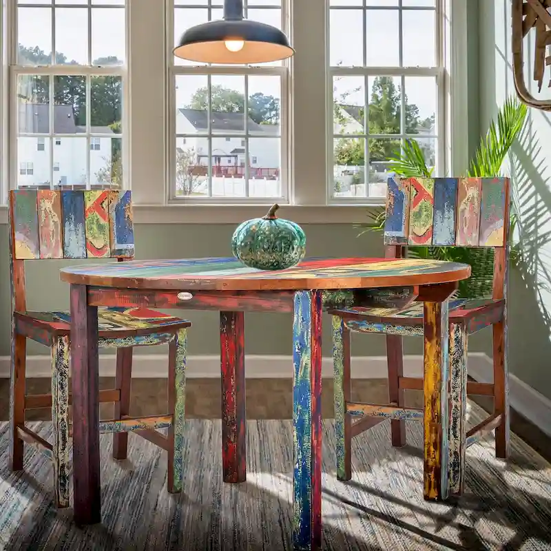 Multi-Color Round Dining Table, Reclaimed Teak Wood, 48 in, Seats 4