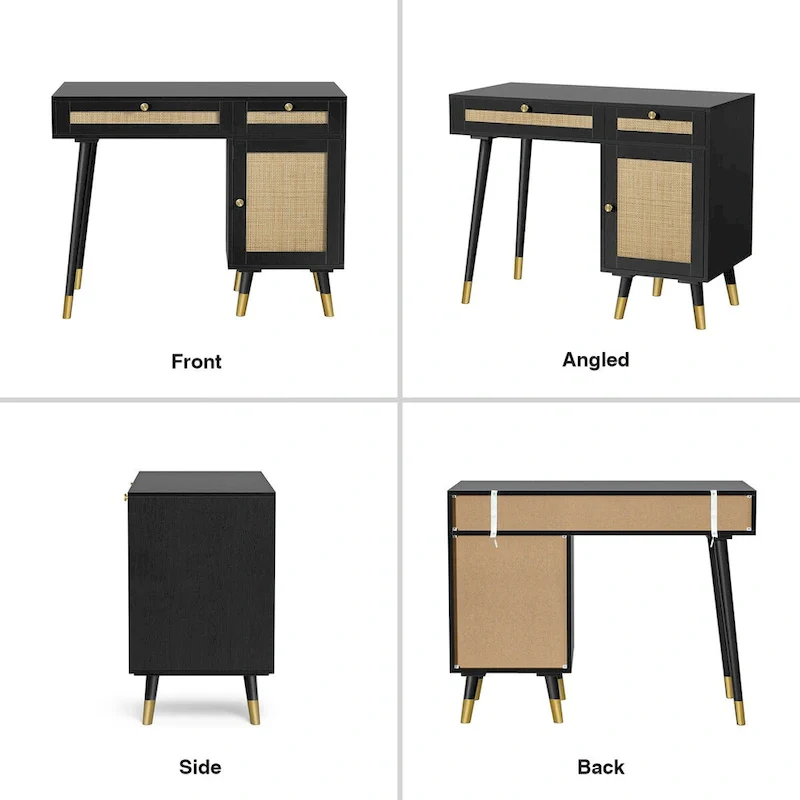Black Computer Desk with Rattan Drawers and Gold Handles