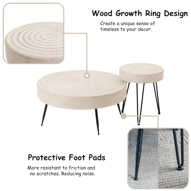Rustic Cylindrical Wood Veneer Coffee Table – Natural / White / Light Red & Natural