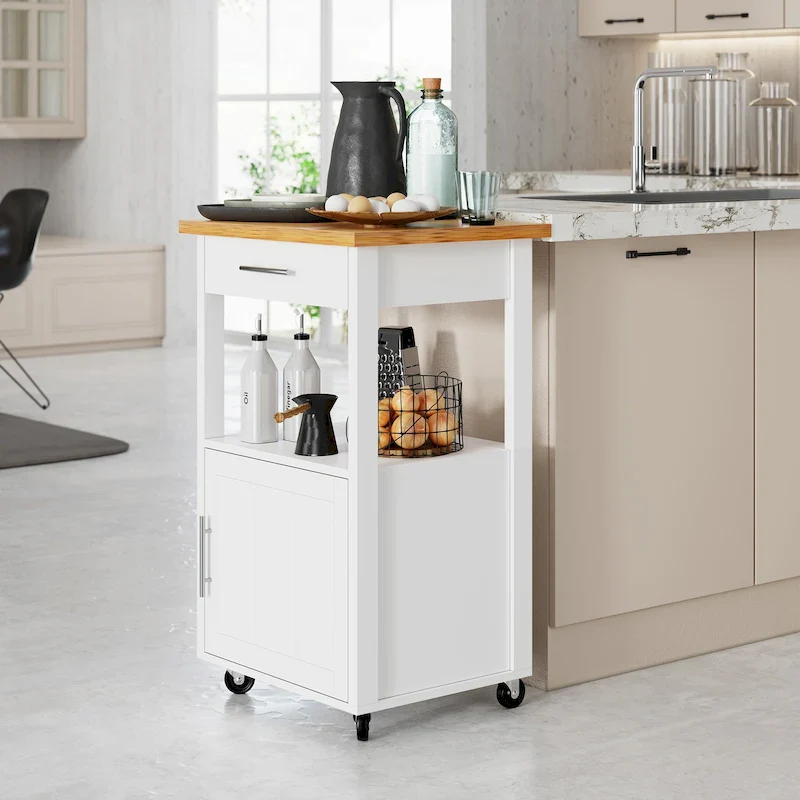 White/Black Rolling Kitchen Island Cart with Drawer & Open Shelves on Lockable Wheels