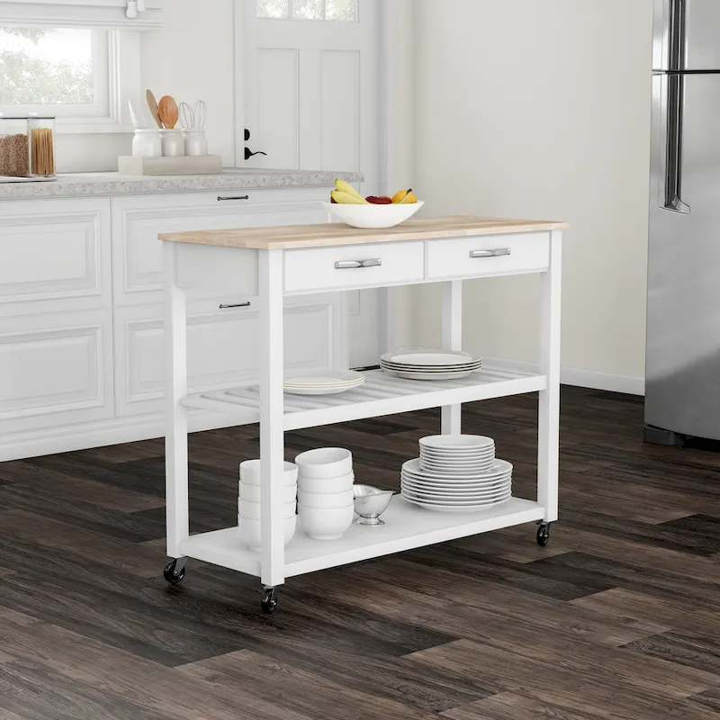 Kitchen Cart with Natural Wood Top, Stool Storage & 2 Shelves - White - 43W x 17D x 35H