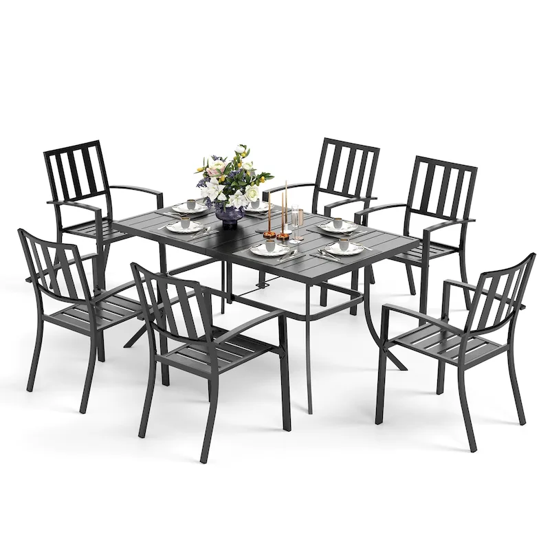 MAISON ARTS Patio Dining Set 7 Piece Metal Rectangle Patio Table with Umbrella Hole and 6 Metal Dining Chairs