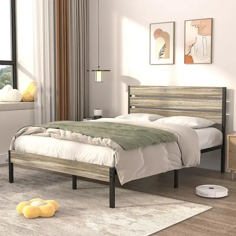 4-Pieces Bedroom Set with Drawer and Nightstands Set of 2, 5-Drawer Dresser, Brown/Grey Set