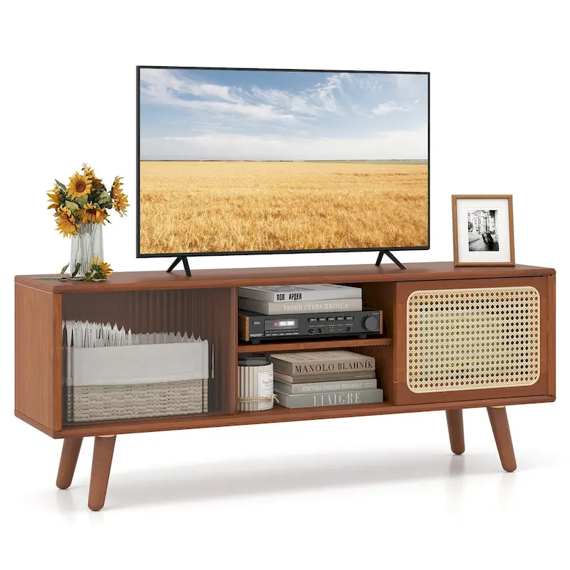 Mid-Century Modern TV Stand with Rattan & Tempered Glass Sliding Doors