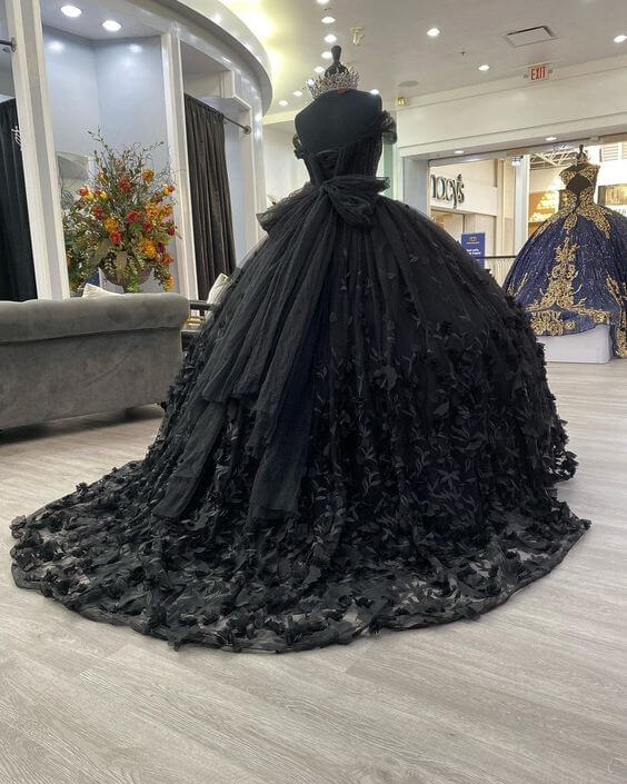 Black Ball Gown Off The Shoulder Quinceanera Dresses With Bowknot