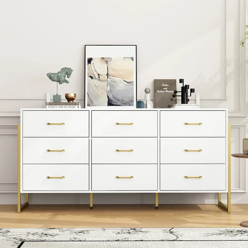 Elegant 9-Drawer Dresser with Gold Accents - Black Stripe Finish Chest