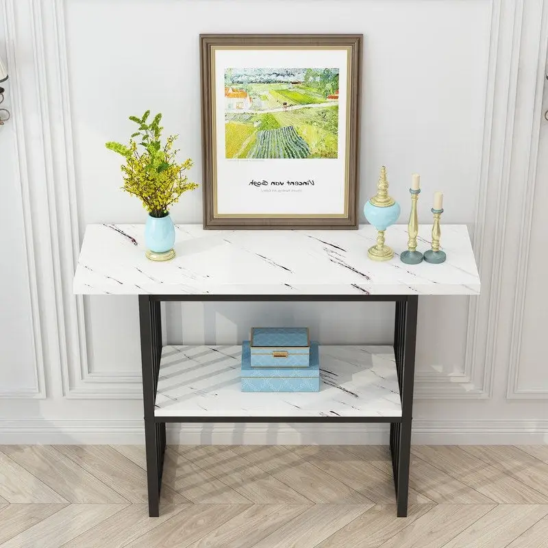 Narrow Console Table with Geometric Metal Legs – Gold / Black