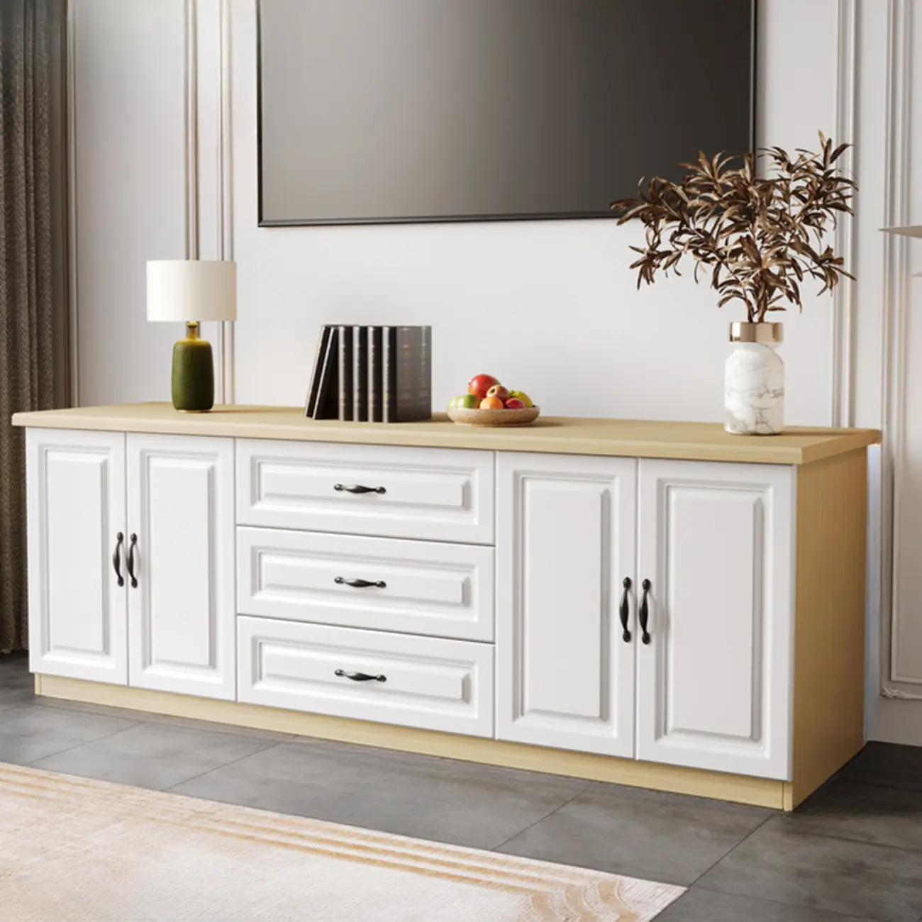 Modern Long Wood TV Stand with Cabinets