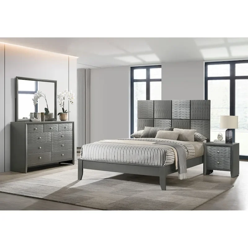 Sim 3 Piece Gunmetal Gray Panel Bedroom Set
