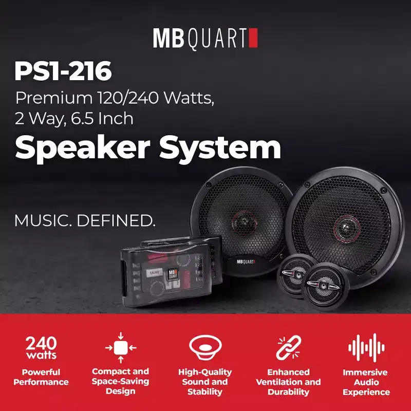 MB Quart PS1-216 Premium 6.5 Inch Car Speakers with Grills, 240W, 2 Way Component, 4 Ohms, Superior Bass & Clear Highs Black/Red