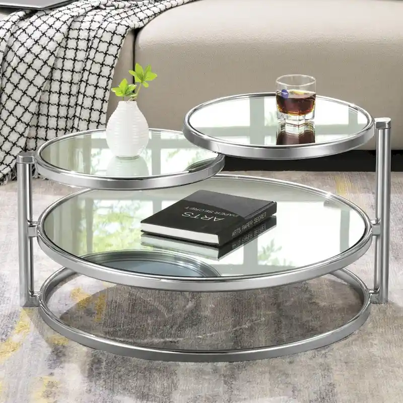 Round Tempered Glass Coffee Table with 3 Tiers 360 Degrees Rotating Top