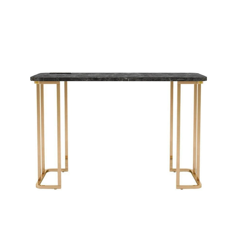 Jenny 47 Inch Desk, USB Power Outlet, Gold Metal Legs, Black Faux Marble