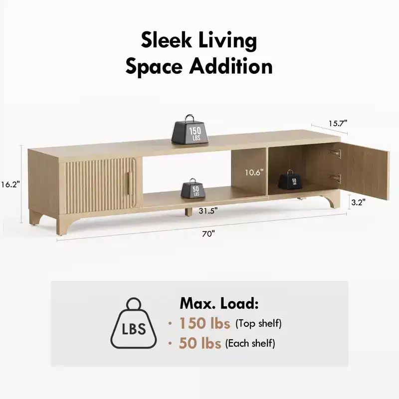 Fluted Oak TV Stand for 65-75 Inch TV - Media Console with Storage Cabinets