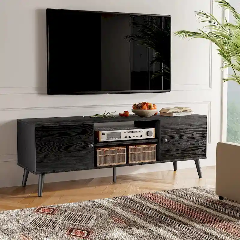 Black / Brown Mid-Century TV Stand with 2 Cabinets & Adjustable Shelf, Fits up to 60 Inch TV, 1-Person