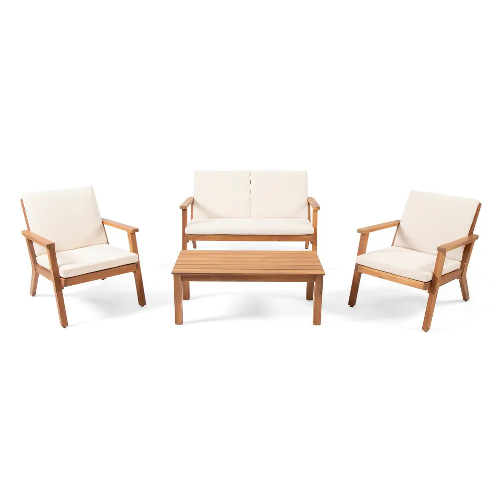 Walker Edison | Outdoor Acacia Wood 4-Seater Chat Set with Coffee Table