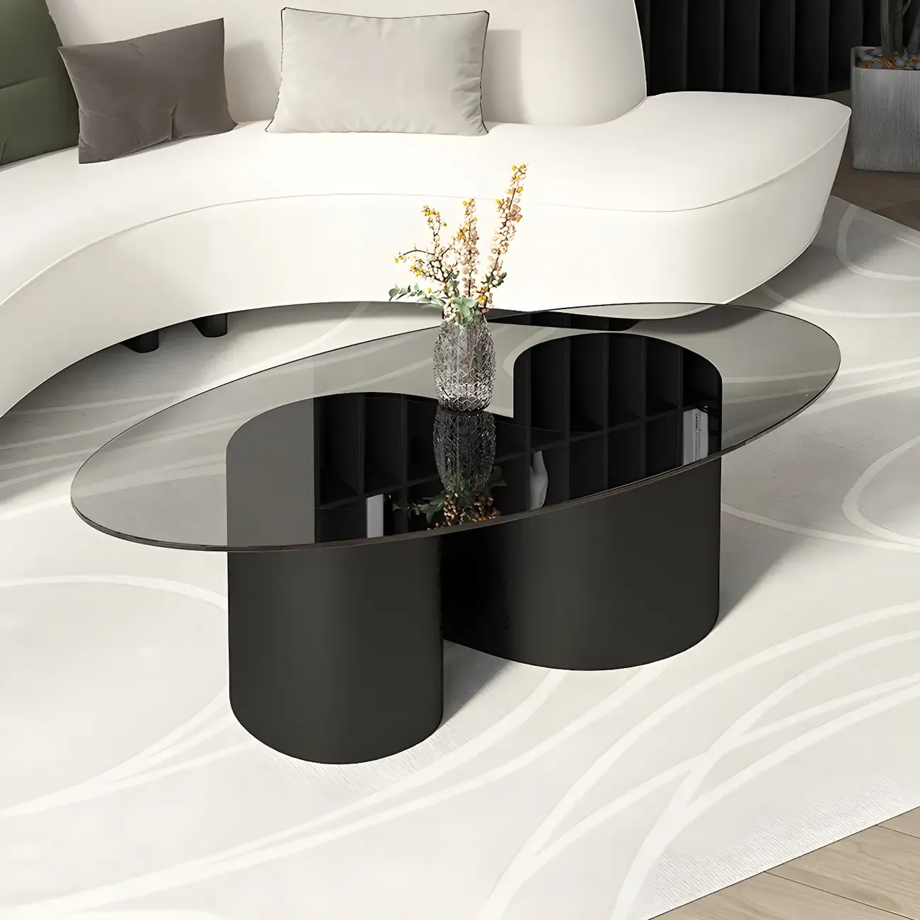 Modern Oval Glass Top Metal Base Coffee Table