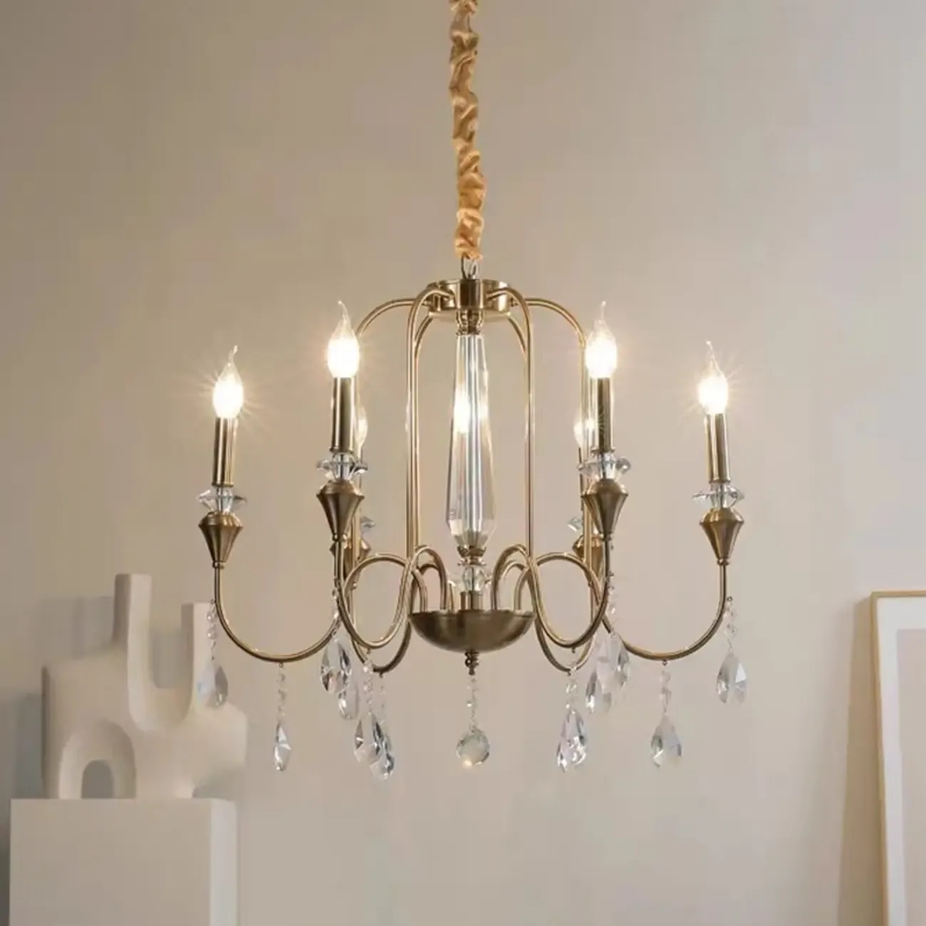 Metallic Alloy Hanging Gold Adjustable Crystal Chandelier