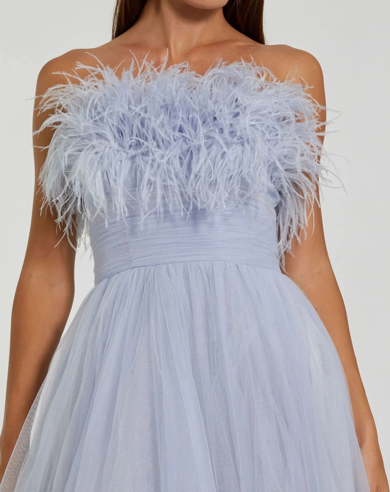 Blue Ombre Strapless Feather Bodice Tulle Gown