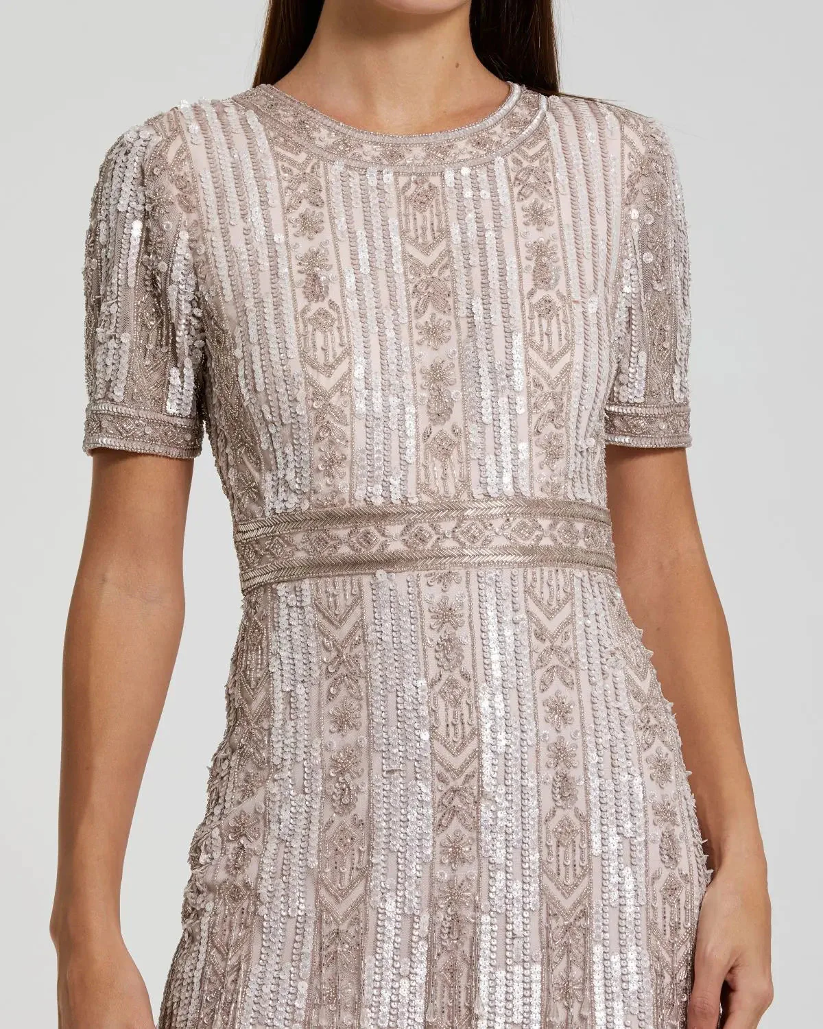 Pink High Neck Short Sleeve Crystal Fringe Sheath Dress