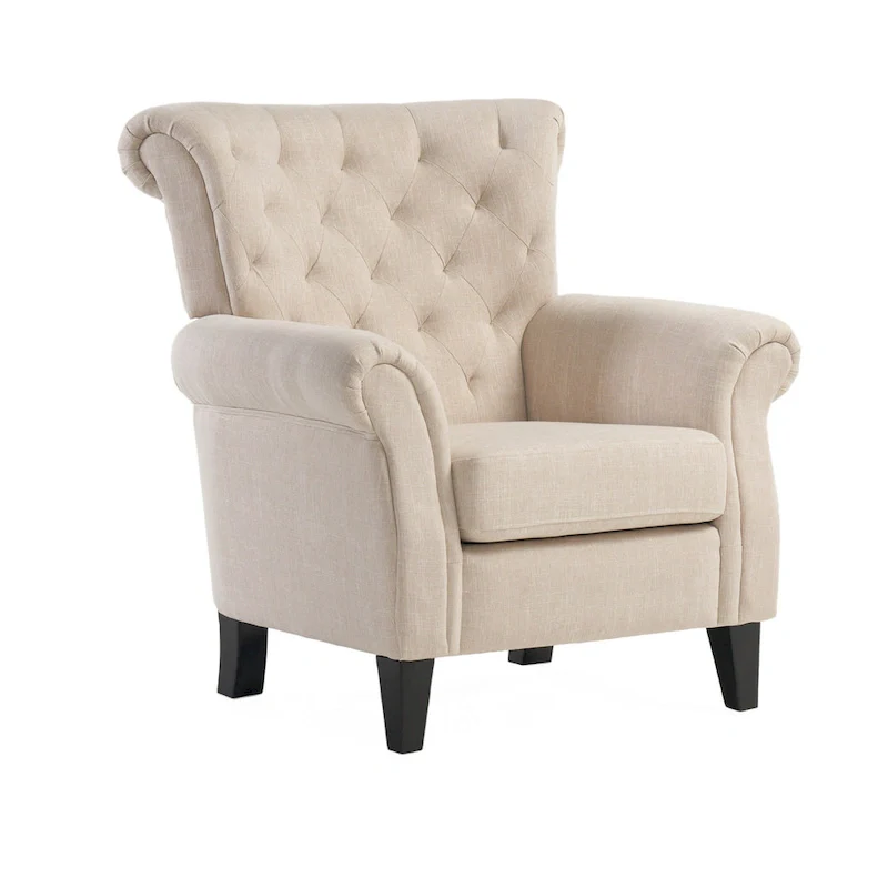 Koni Accent Armchair, Button Diamond Tufted, Rolled Arms, Beige Fabric