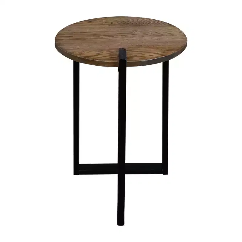 Contemporary Round End Table Gray/Black - Flora Home: Sundial Leg Design, Oak Top, 24" Height