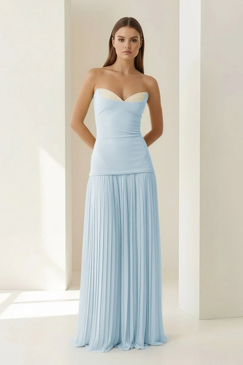 Blue Strapless Sheath Chiffon Pleated Long Prom Dresses