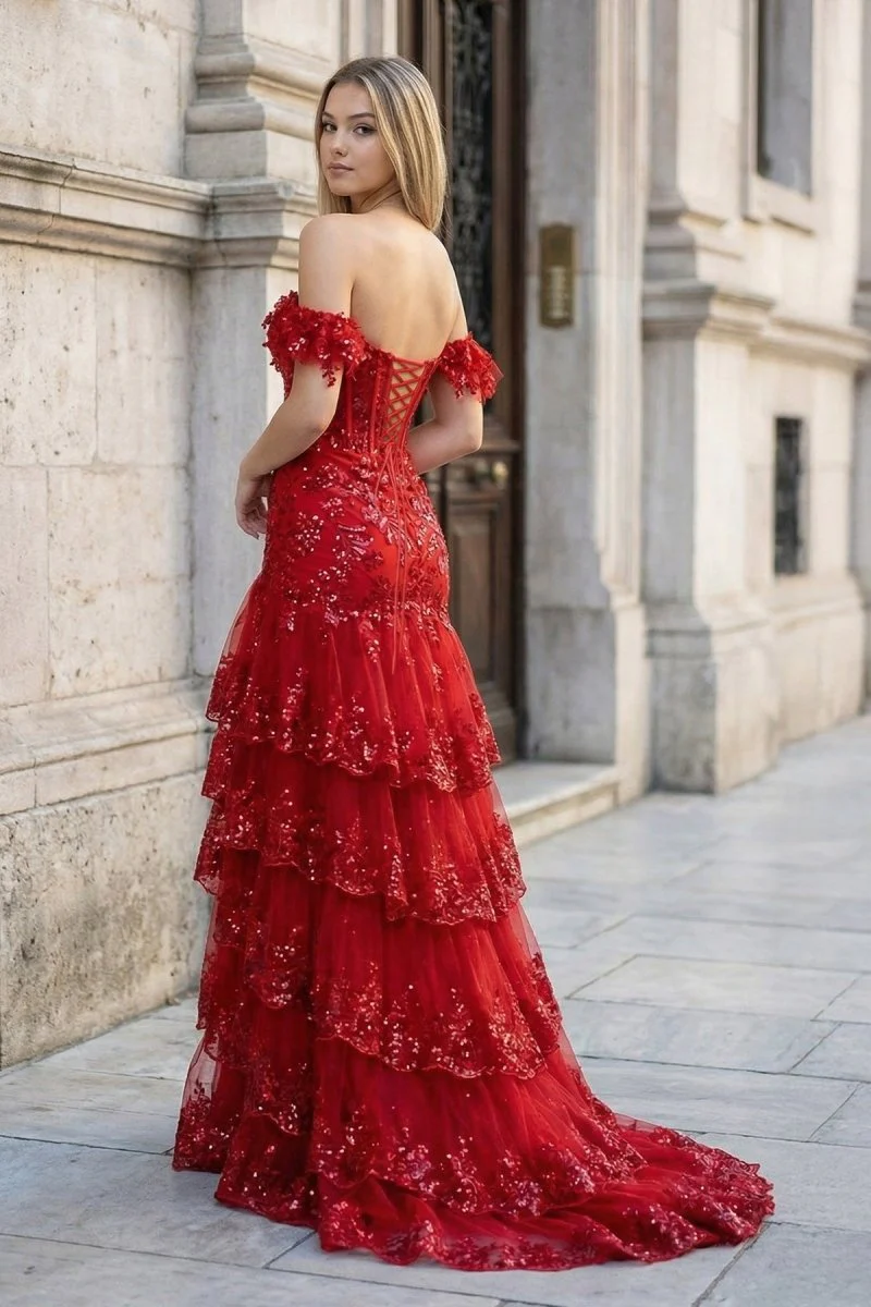 Sheath Off the Shoulder Long Lace Prom Dress (Lace-up Back)