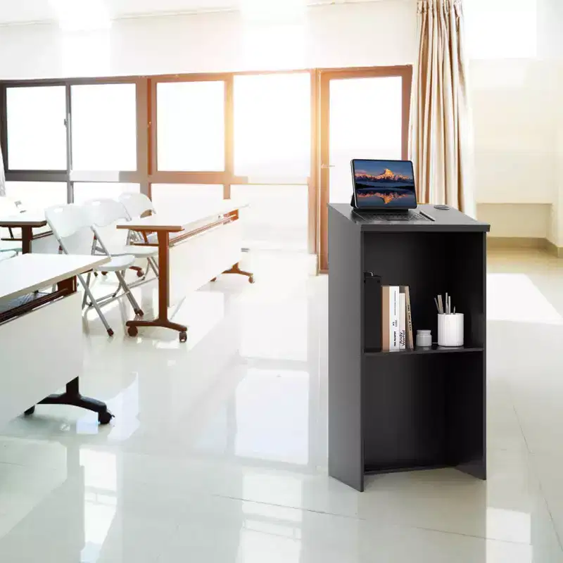 Costway Wooden Floor Standing Podium Speaking Lectern w/ Adjustable Shelf & Pen Tray & Cable Holes Brown/Black