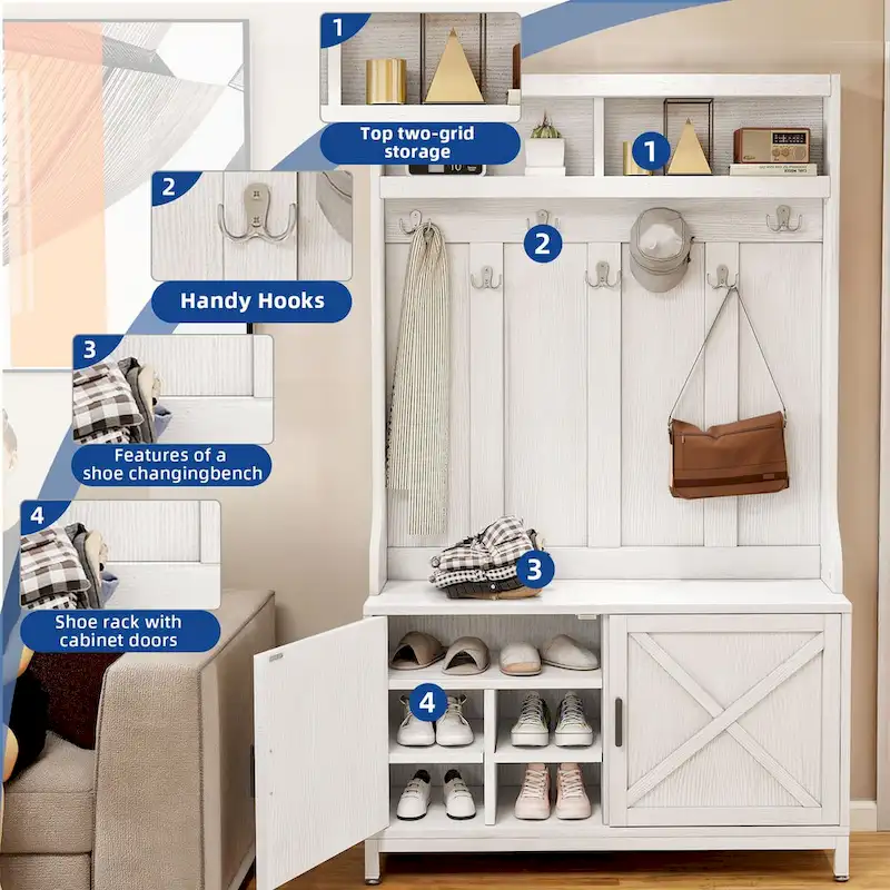 Moasis Entryway Coat Rack Shoe Bench Set, Farmhouse 7 Hooks Hall Tree Coat Shoe Rack