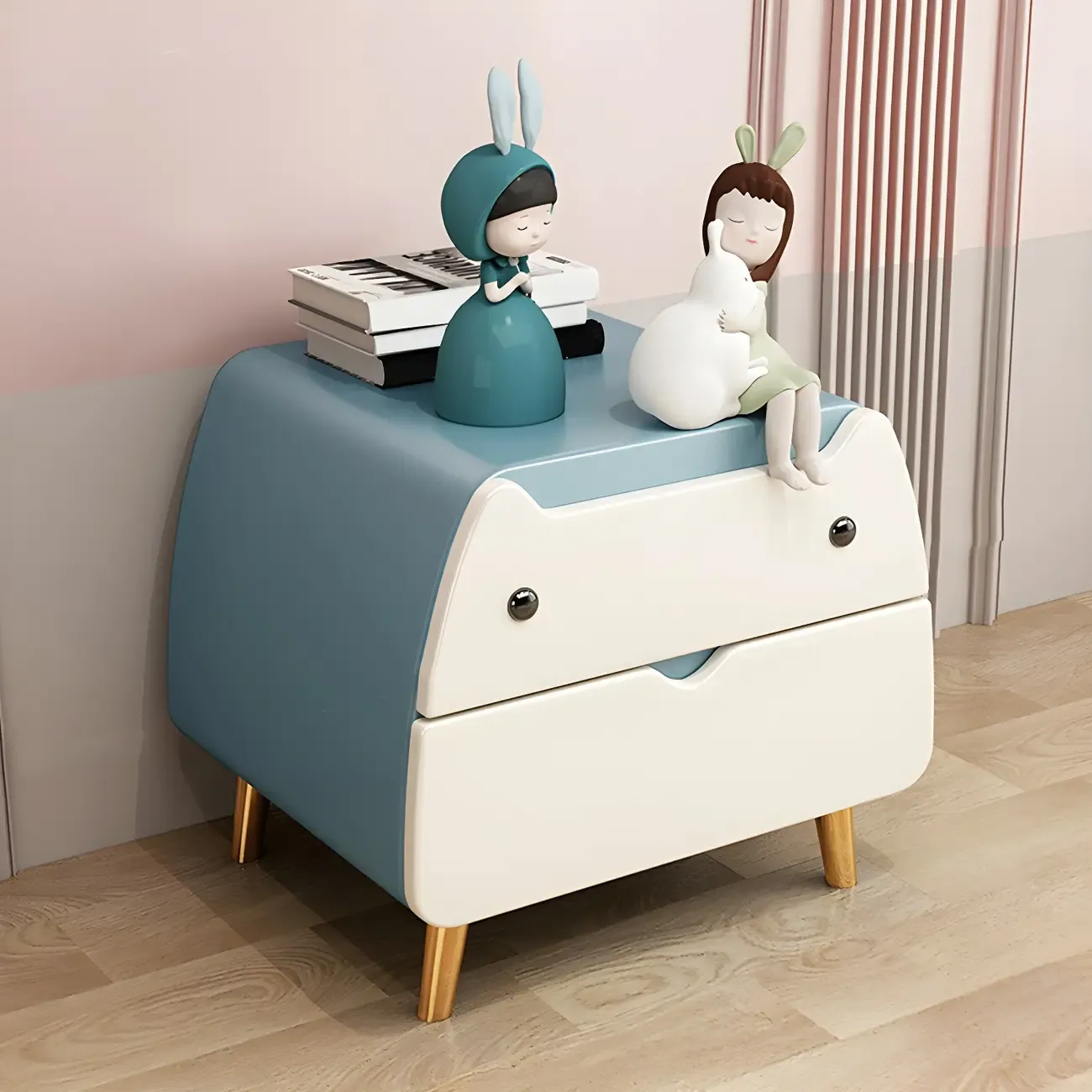 Pink Cute Cat Shape Scandinavian Nightstand with 2 Drawers