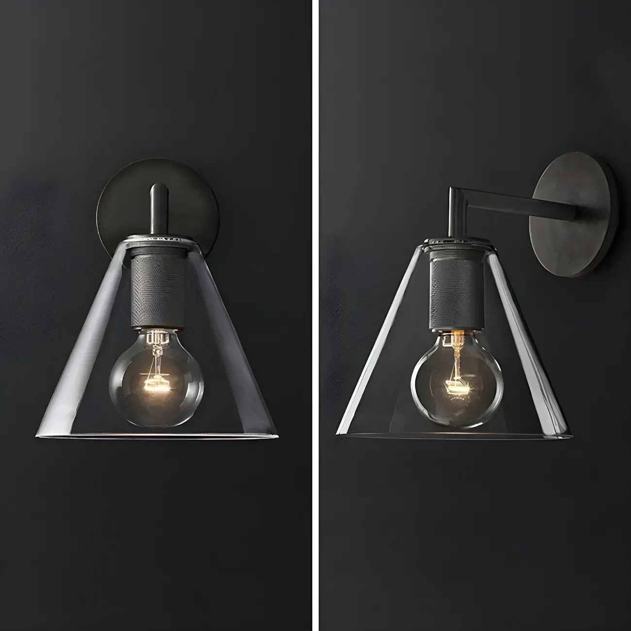 Industrial Cone Glass Wall Sconce with Brass/Black Finish
